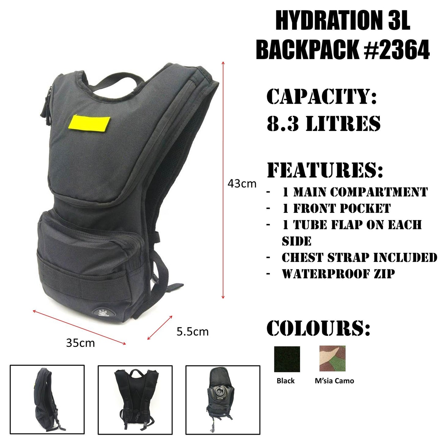 HYDRATION BACKPACK (FOR 3L BLADDER) #2364