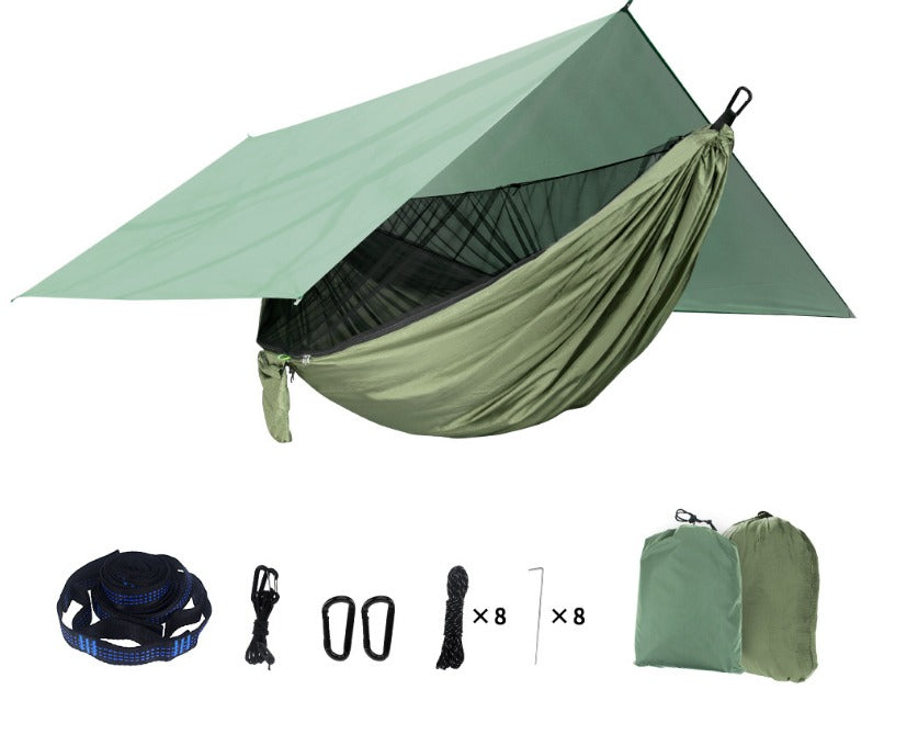 GREEN NYLON LIGHTWEIGHT HAMMOCK WITH MESH AND TARP SET